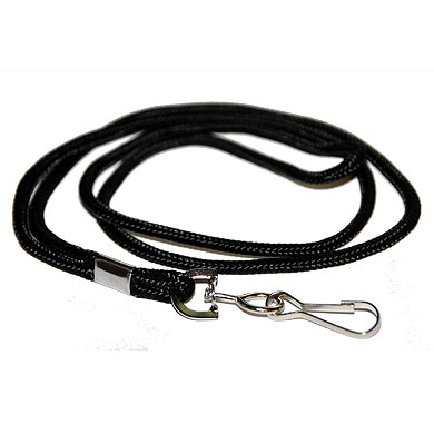 1/8'' Black Round Braid Non-Breakaway Lanyard. Metal Swivel Hook