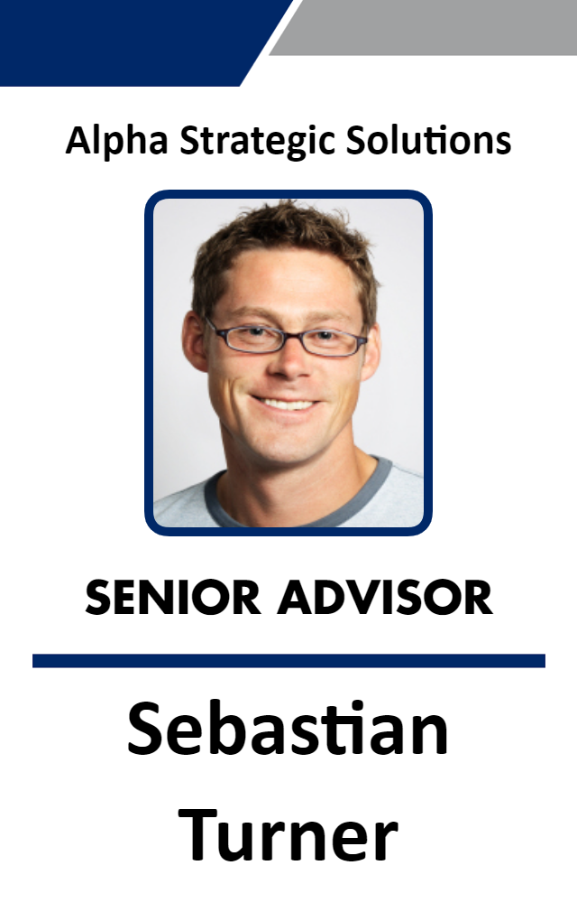 Template ID badge for Alpha Strategic Solutions, “Senior Advisor”—headshot of a smiling man with glasses. Durable PVC, waterproof, added security holographic overlay option