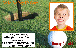 Template child ID card featuring a smiling boy, golf hole and ball icon, medical info, allergies, emergency contacts; 40mil thick option, wear resistant Template child ID card featuring a smiling boy, golf hole and ball icon, medical info, allergies, emergency contacts; 40mil thick option, wear resistant