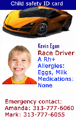 Template child safety ID card with sports car image, child’s photo, race driver info, allergy details, emergency contacts; waterproof, durable PVC, clear overlay option