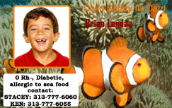 Template child safety ID card featuring a smiling boy, clownfish background, emergency contacts, medical info, durable PVC, waterproof, Proximity RFID option Template child safety ID card featuring a smiling boy, clownfish background, emergency contacts, medical info, durable PVC, waterproof, Proximity RFID option