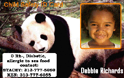 Template child safety ID card featuring a smiling child's photo, panda background, emergency contact and medical info; waterproof, wear resistant, clear overlay option Template child safety ID card featuring a smiling child's photo, panda background, emergency contact and medical info; waterproof, wear resistant, clear overlay option
