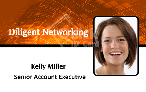 Template ID badge with Diligent Networking at the top, image of a smiling woman, and title Senior Account Executive on white background; durable PVC, waterproof, 40mil thick option Template ID badge with Diligent Networking at the top, image of a smiling woman, and title Senior Account Executive on white background; durable PVC, waterproof, 40mil thick option