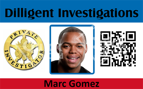 Template for ID card: Dilligent Investigations durable PVC ID badge, gold private investigator badge, photo of smiling man, QR code, clear overlay option Template for ID card: Dilligent Investigations durable PVC ID badge, gold private investigator badge, photo of smiling man, QR code, clear overlay option