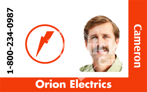 Template ID badge for Orion Electrics features a lightning bolt logo, phone number, and a smiling man. Name displayed on the right. Durable PVC, wear resistant, clear overlay option Template ID badge for Orion Electrics features a lightning bolt logo, phone number, and a smiling man. Name displayed on the right. Durable PVC, wear resistant, clear overlay option