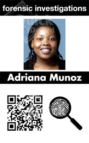 Template forensic investigations ID card or badge showcasing a smiling woman, a QR code, fingerprint icon with magnifying glass, durable PVC, waterproof