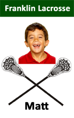 ID card template featuring a young boy smiling in a red shirt, "Franklin Lacrosse" above, crossed lacrosse sticks, "Matt" below; waterproof, 40mil thick option