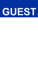 Template for an ID card or ID badge: blue rectangle with "GUEST" in bold white uppercase at the top, rest blank and white. Waterproof, includes bend resistant, 40mil thick option