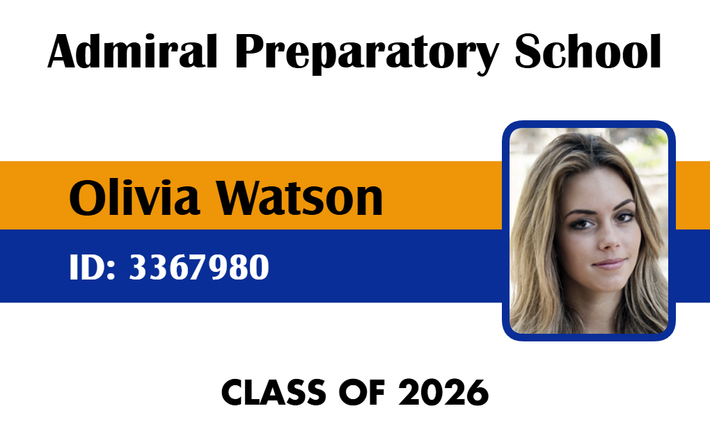 Template ID card for Admiral Preparatory School featuring a photo of a young woman with long hair, school logo, name, and ID number; waterproof and durable PVC; clear overlay option Template ID card for Admiral Preparatory School featuring a photo of a young woman with long hair, school logo, name, and ID number; waterproof and durable PVC; clear overlay option