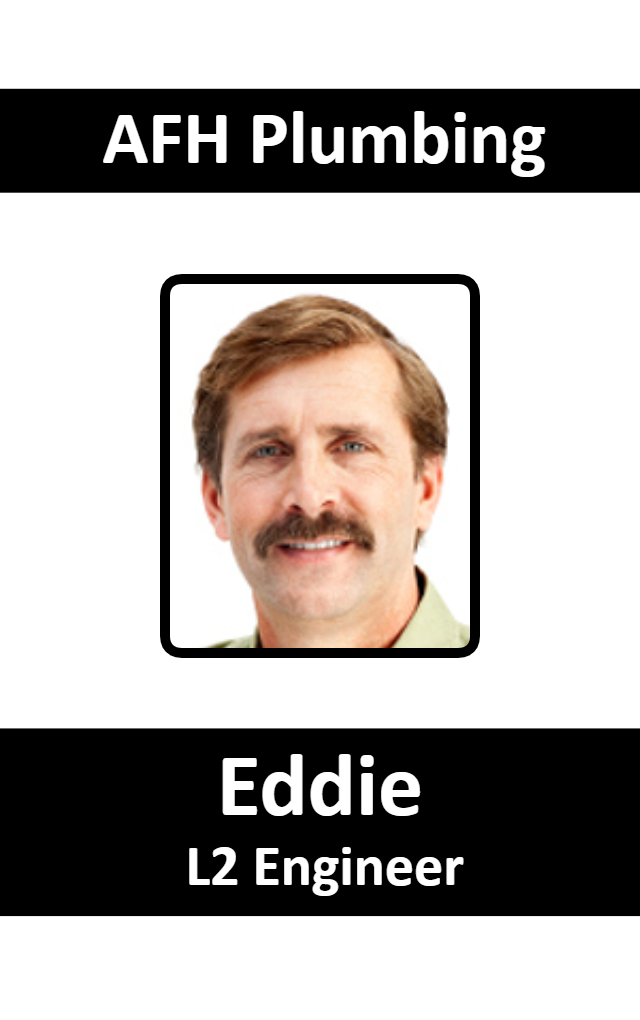 Template id badge featuring AFH Plumbing at the top, a headshot of a smiling man with light brown hair and mustache, and 'L2 Engineer' at the bottom. Durable PVC, waterproof, 40mil thick option