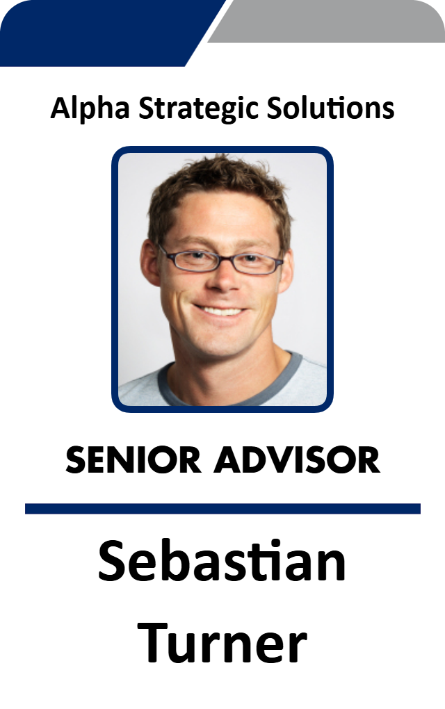 Template ID badge for Alpha Strategic Solutions, “Senior Advisor”—headshot of a smiling man with glasses. Durable PVC, waterproof, added security holographic overlay option