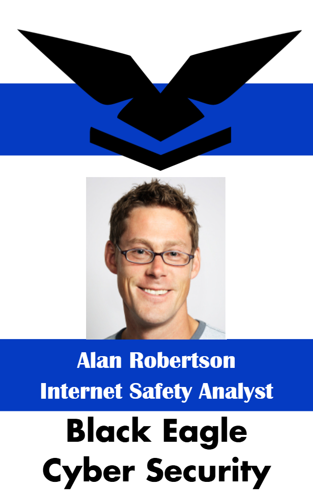 Template ID badge for Black Eagle Cyber Security featuring a smiling man, labeled Internet Safety Analyst, with black eagle logo on top; bend resistant, waterproof 50mil thick option