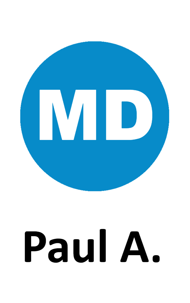 Template ID card features a blue circle with white MD initials centered above bold black text on a white background; waterproof, 40mil thick option, and added security holographic overlay option