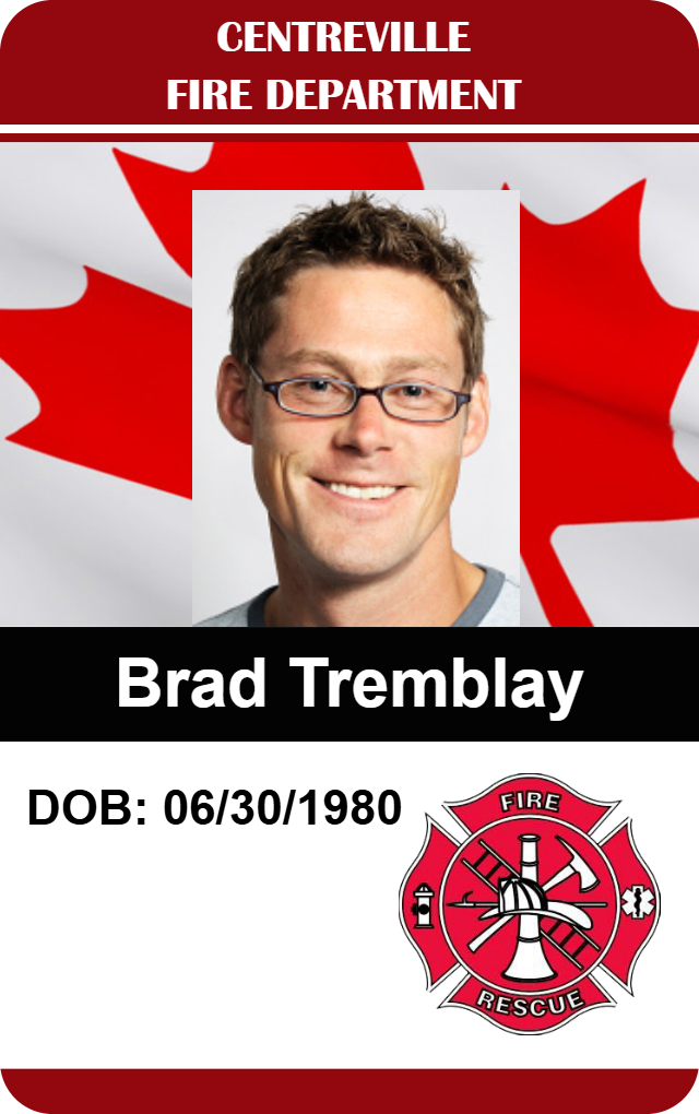 Template ID card for Centreville Fire Department with a man wearing glasses, fire rescue emblem on a Canadian flag, clear overlay option, wear resistant
