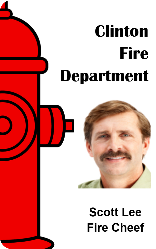 Template ID card featuring a red fire hydrant graphic, Clinton Fire Department text, headshot labeled Fire Chief; durable PVC, waterproof, bend resistant, clear overlay option