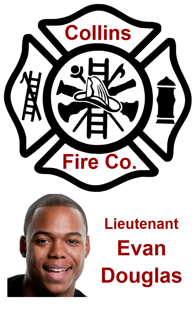 Template ID badge featuring Collins Fire Co. firefighter badge logo above a smiling man’s headshot, labeled Lieutenant in red and black text; 40mil thick option, waterproof