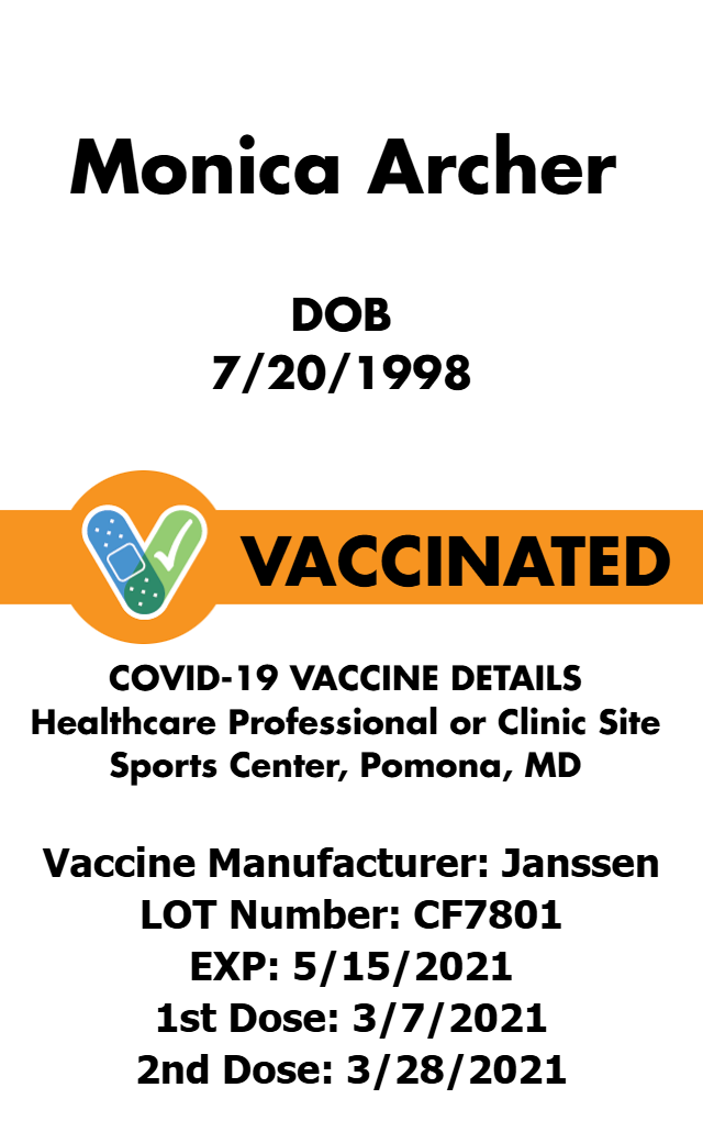 Template-style COVID-19 vaccination ID card or badge, listing birthdate, vaccine dates, manufacturer (Janssen), lot number, clinic info; waterproof, bend resistant, clear overlay option
