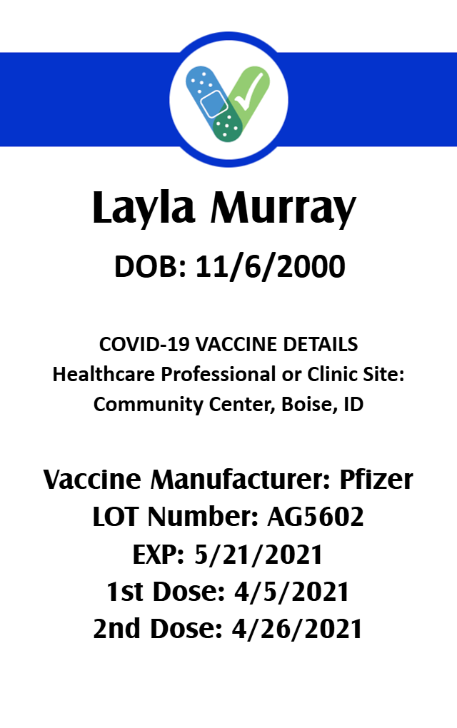 COVID-19 vaccine id card template with Pfizer dose info, bandage graphic, lot and expiration. Durable PVC, 50 mil thick option, added security holographic overlay option