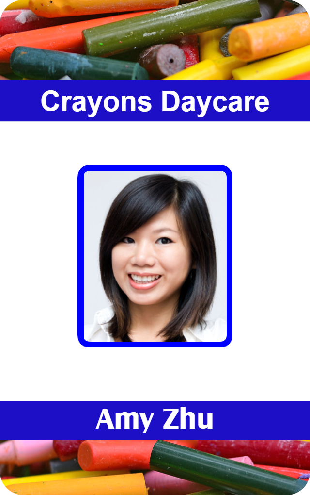 Template ID badge for Crayons Daycare featuring a portrait of a smiling woman with straight, dark hair, set against colorful crayons; 40mil thick option, wear resistant