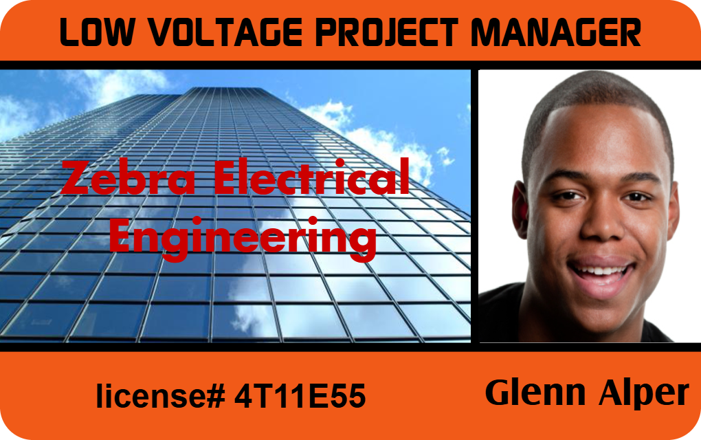Template for an ID badge or card for Low Voltage Project Manager at Zebra Electrical Engineering, with building and smiling man. 40mil thick option and waterproof, clear overlay option Template for an ID badge or card for Low Voltage Project Manager at Zebra Electrical Engineering, with building and smiling man. 40mil thick option and waterproof, clear overlay option