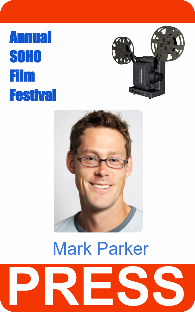 Template for id badge with a film projector icon at the 2011 SOHO Film Festival, featuring a man's photo with glasses, plus clear overlay and durable PVC options