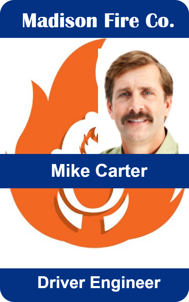 Template design ID badge for Madison Fire Co. shows a mustached man labeled Driver Engineer with an orange flame background; clear overlay option, waterproof