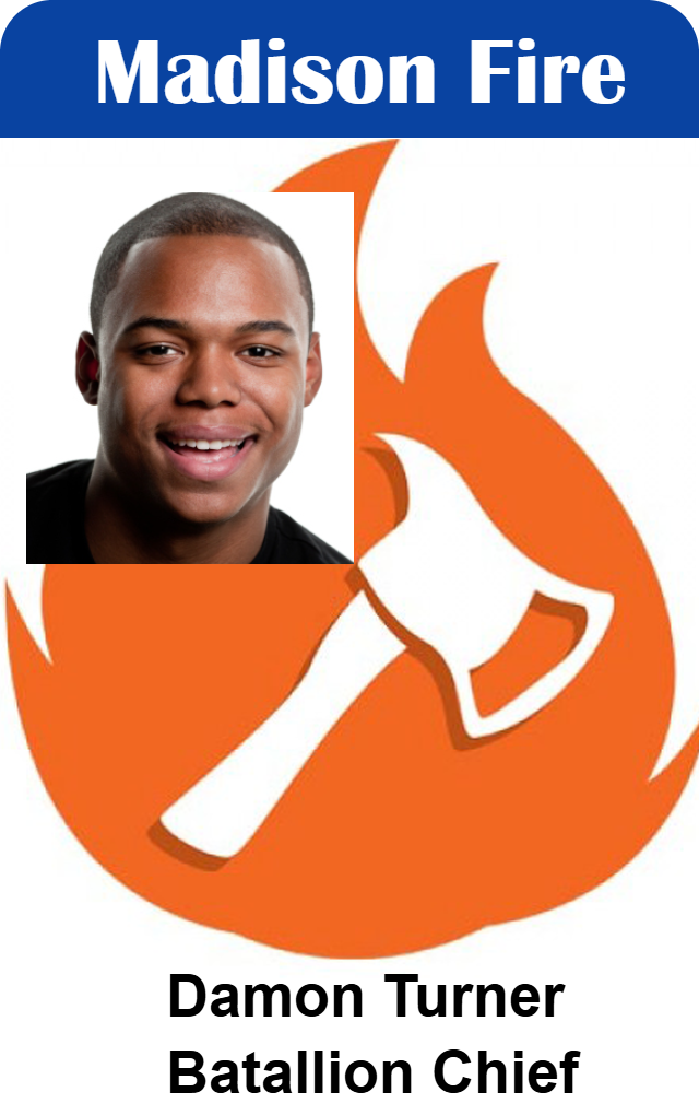 ID card template featuring a smiling man’s photo, axe over flame logo, and text: Madison Fire, Battalion Chief. Made from durable PVC, waterproof with clear overlay option