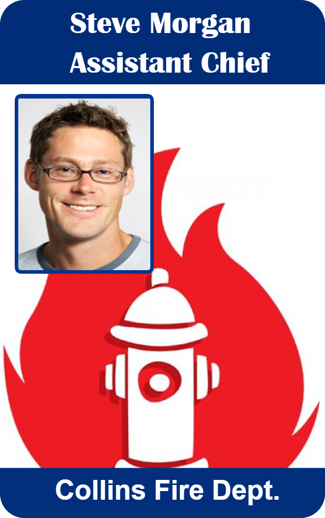 Template for Collins Fire Dept. ID badge, features photo of man with glasses, "Assistant Chief" title, red flame and hydrant graphic; durable PVC, wear resistant