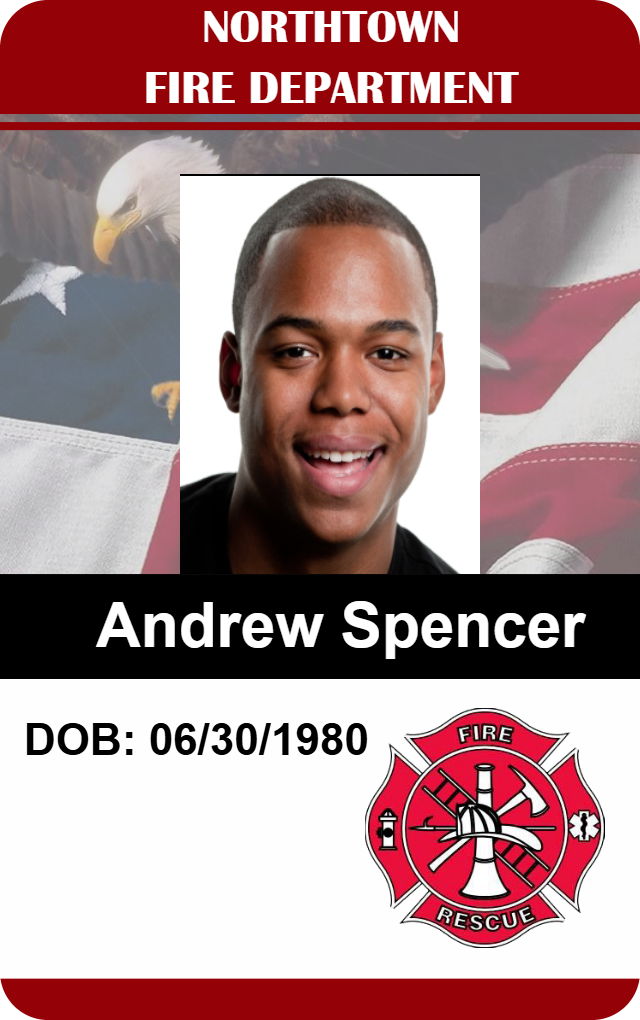 Template for id badge: Northtown Fire Department, headshot, birthdate, fire rescue emblem; waterproof, 40mil thick option, added security holographic overlay option