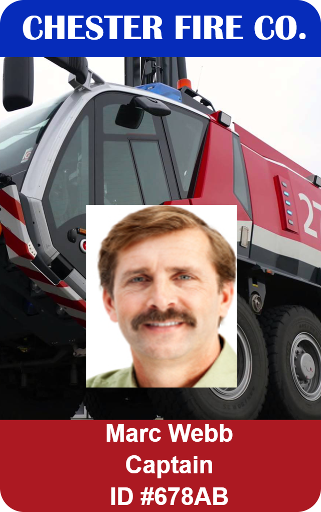 Template ID badge for Chester Fire Co., fire truck background, Captain title, sample ID#, durable PVC, waterproof, bend resistant, clear overlay option