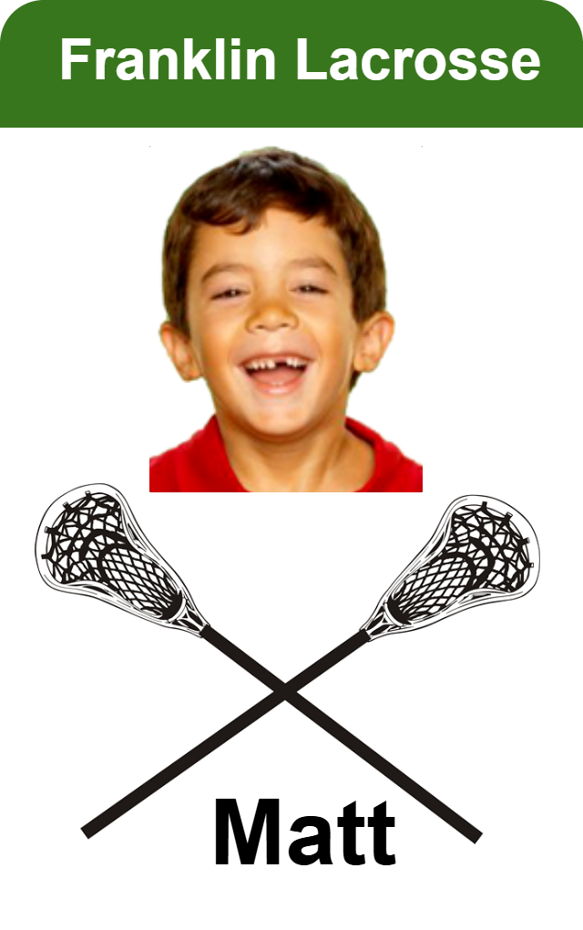 ID card template featuring a young boy smiling in a red shirt, "Franklin Lacrosse" above, crossed lacrosse sticks, "Matt" below; waterproof, 40mil thick option