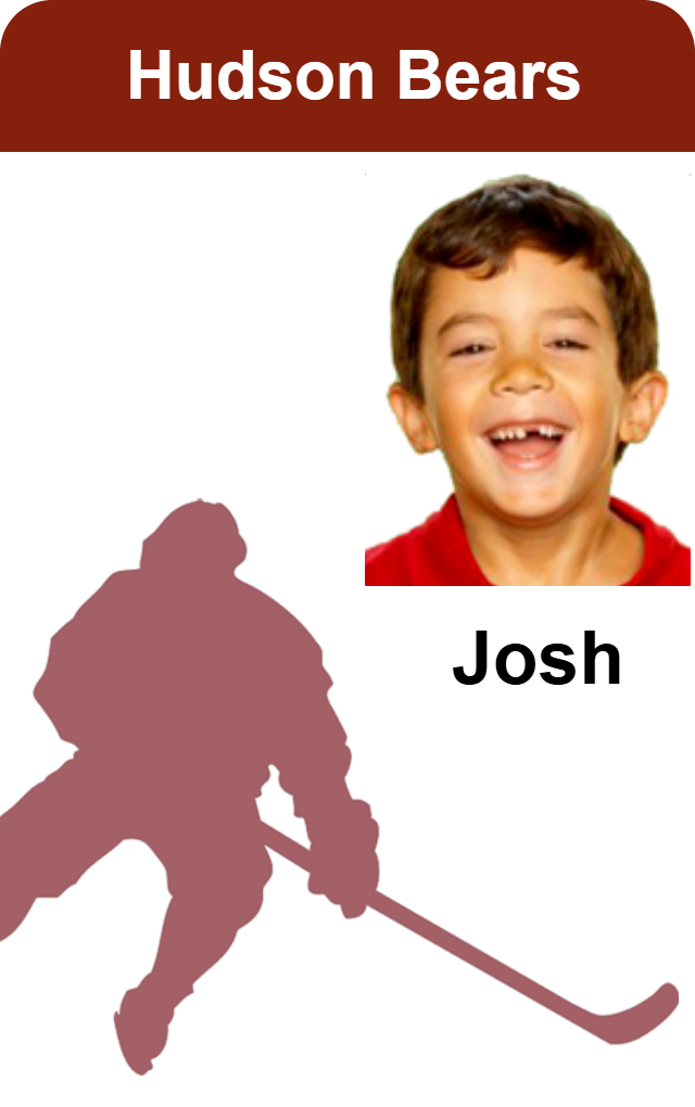 Template ID badge featuring a young boy in a red shirt above his name, next to a maroon hockey player silhouette with "Hudson Bears" on top. Durable PVC, wear resistant
