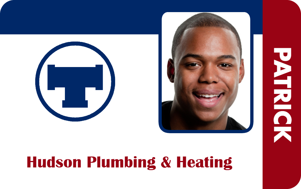 Template ID badge for Hudson Plumbing & Heating, includes company logo, a smiling man’s photo, and name displayed vertically on a red stripe. Waterproof, bend resistant, clear overlay option Template ID badge for Hudson Plumbing & Heating, includes company logo, a smiling man’s photo, and name displayed vertically on a red stripe. Waterproof, bend resistant, clear overlay option