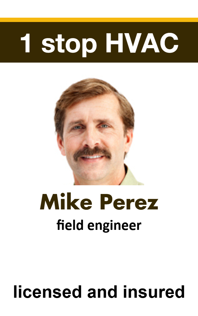 ID badge template for 1 stop HVAC showing a man with light brown hair and mustache, titled field engineer. Licensed and insured. Wear resistant, durable PVC or bend resistant ID card