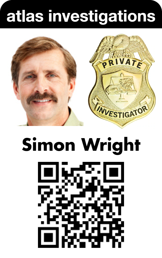 Template for durable PVC ID badge, atlas investigations with photo of man, gold private investigator badge, name, QR code; wear resistant and clear overlay option