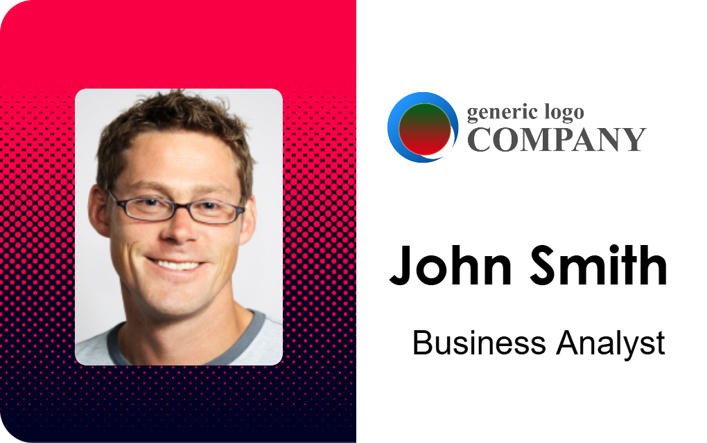 Template ID badge with company logo, smiling man in glasses photo, job title, clear overlay option, durable PVC, 40mil thick Template ID badge with company logo, smiling man in glasses photo, job title, clear overlay option, durable PVC, 40mil thick