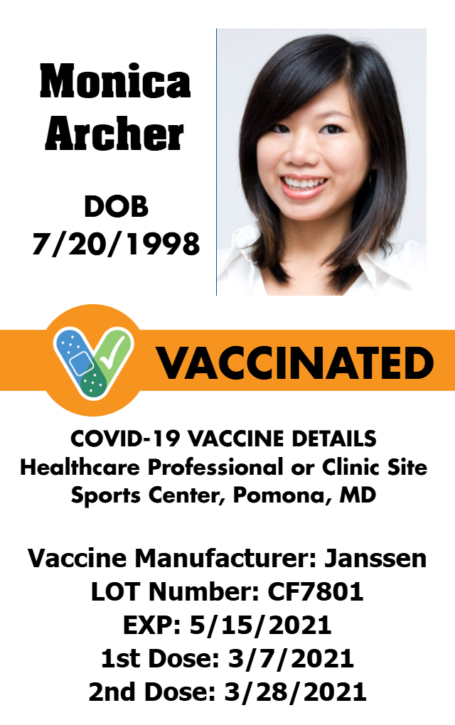 Template ID badge featuring a smiling woman, VACCINATED label, COVID-19 vaccine info with dose dates. Wear resistant, clear overlay option, 40mil thick