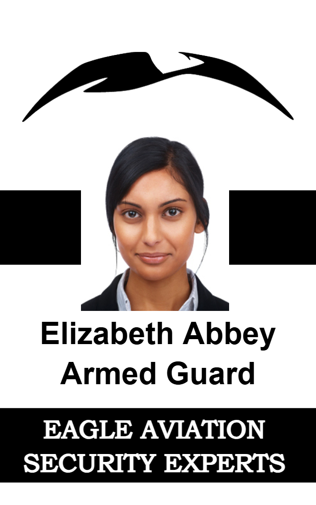 Template id badge with a woman’s portrait, Armed Guard and Eagle Aviation Security Experts label, black eagle logo above, durable PVC, wear resistant option