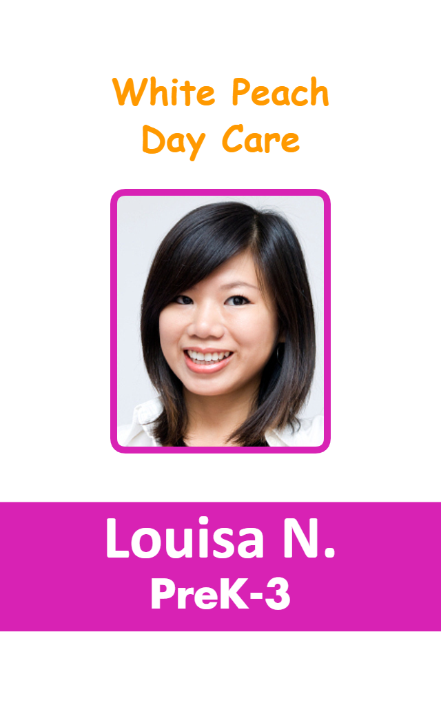 Template ID card featuring a smiling woman with straight black hair on a purple and white background, labeled PreK-3 White Peach Day Care. Durable PVC, waterproof, clear overlay