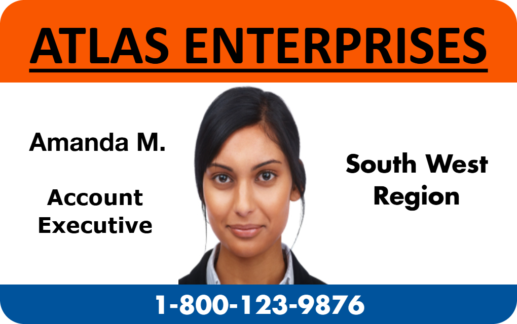Template Atlas Enterprises ID badge featuring a woman's photo, position, region, and contact details on a durable PVC card; wear resistant and 40mil thick option included Template Atlas Enterprises ID badge featuring a woman's photo, position, region, and contact details on a durable PVC card; wear resistant and 40mil thick option included