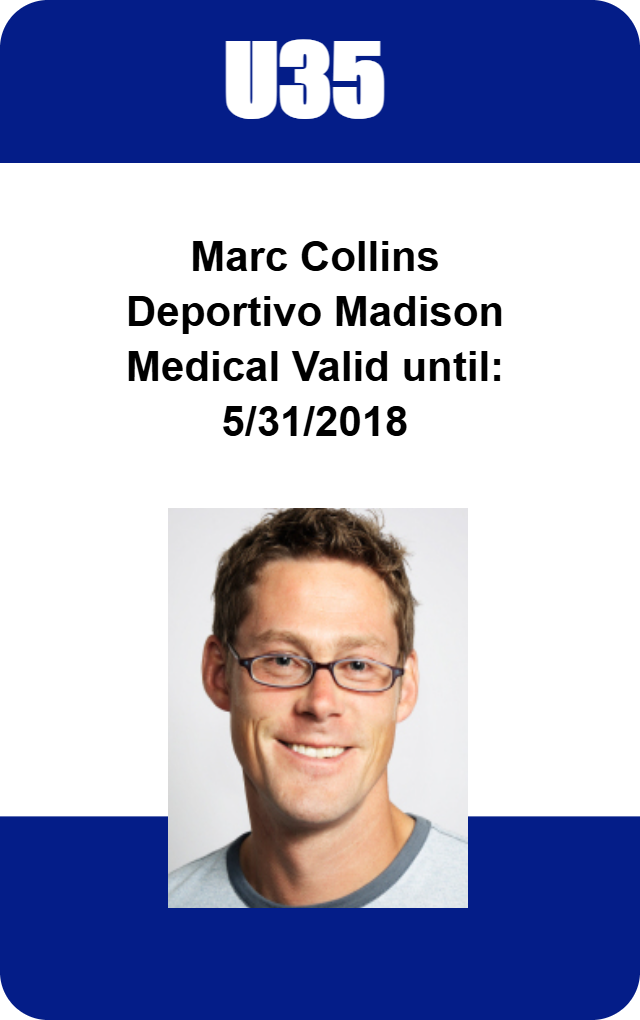 Template ID card with U35 at the top, states medical validity until 5/31/2018, features male headshot with glasses; durable PVC, bend resistant, clear overlay option