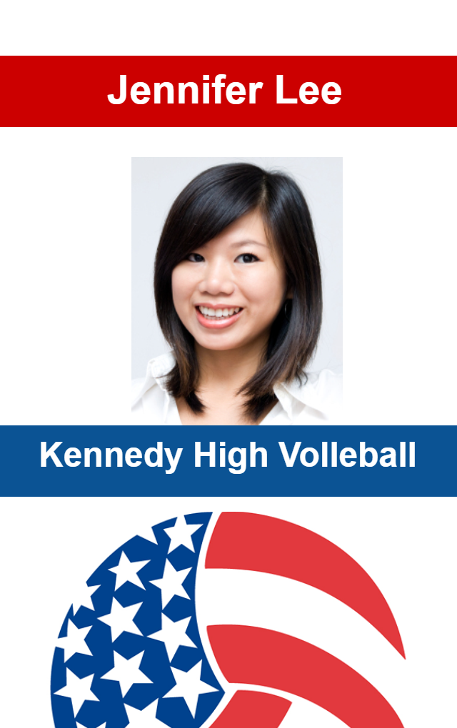 ID card template featuring a smiling young woman with straight black hair, Kennedy High Volleyball label, stylized volleyball and U.S. flag motif; waterproof, 40mil thick option