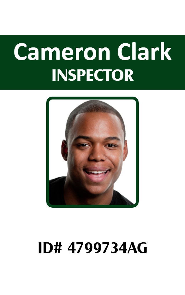 ID badge template for INSPECTOR with a smiling man’s headshot, ID number on white background; wear resistant, 40mil thick option