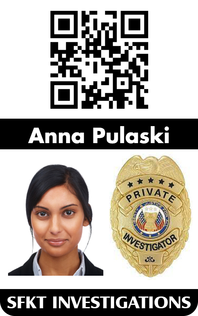 A template ID badge with QR code, a woman’s photo, investigator badge, SFKT INVESTIGATIONS text; 40mil thick option, waterproof and bend resistant