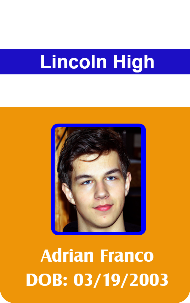 Template for an ID card with a student photo and details, orange background, Lincoln High branding. Durable PVC, waterproof, wear resistant, added security holographic overlay option