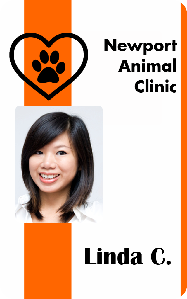 Template ID badge for Newport Animal Clinic featuring a heart and paw print logo, photo of a smiling woman with straight dark hair, wear resistant and 40mil thick option