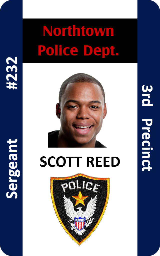 Template ID badge for Northtown Police Dept, Sergeant title, badge 232, 3rd Precinct, police emblem. Waterproof, durable PVC with clear overlay option