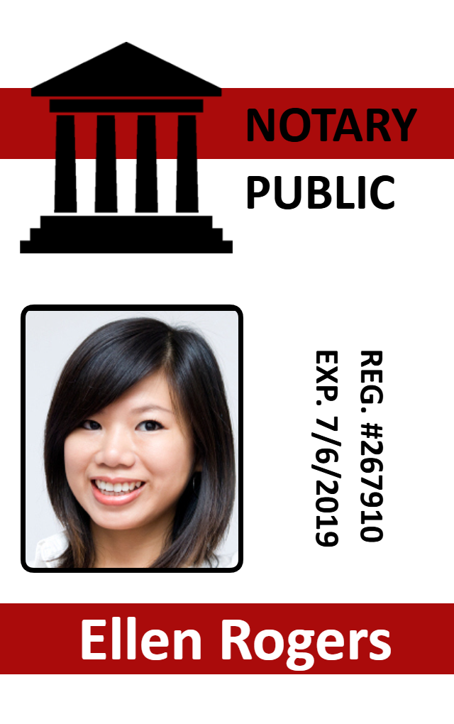 Template for a notary public id badge, featuring a courthouse icon and photo, with name, registration number, and expiration. Durable PVC, bend resistant, clear overlay option