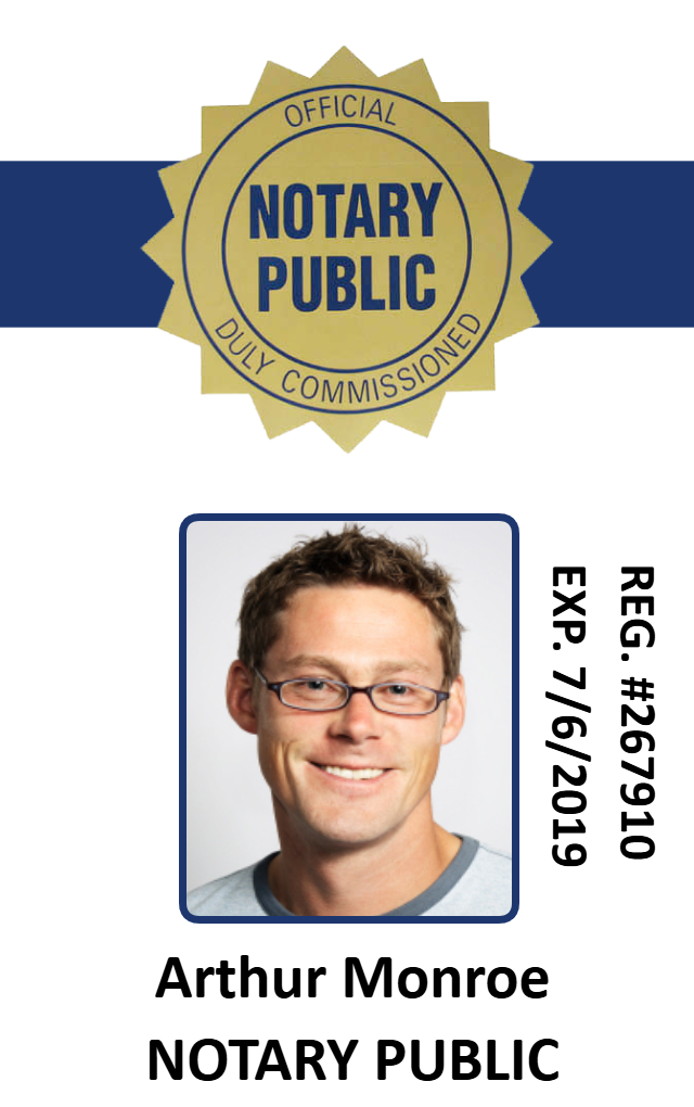Template id badge with a gold Notary Public seal, portrait of a man with glasses, and sample ID details. Waterproof, bend resistant, 40mil thick option
