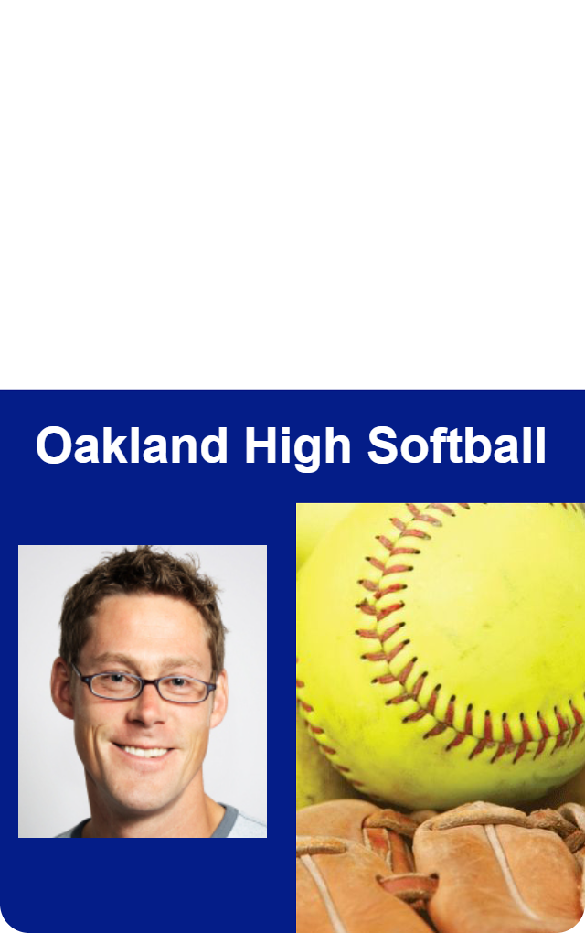 Template ID badge for Oakland High Softball coach, showing photo, softball, and glove on a blue and white background; waterproof, bend resistant, 40mil thick option